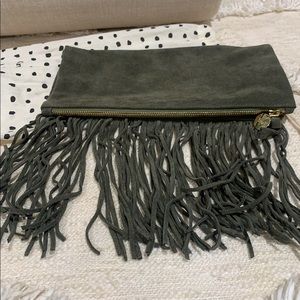 New Clare V Army Suede Fold-Over Fringe Clutch Bag